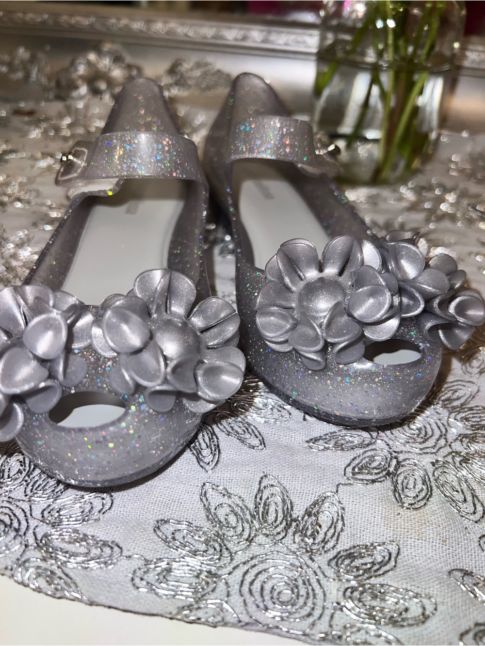 Mini Melissa Silver Glitter Floral Mary Jane Flats